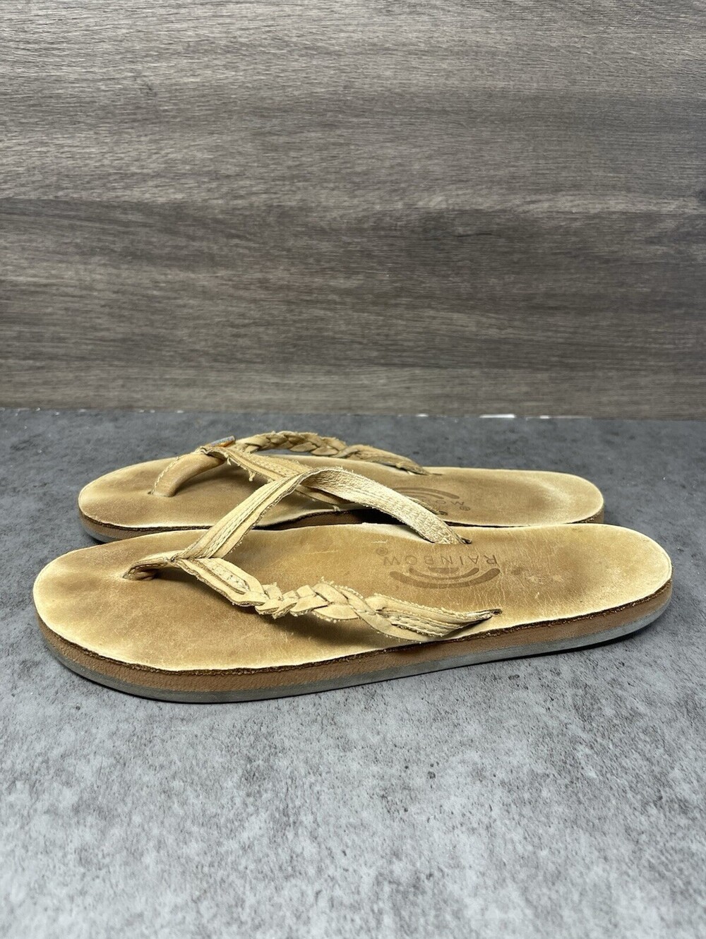 Rainbow Sandals Flirty Braidy Womens Size 6.5-7.5 M Tan Leather Flip Flops